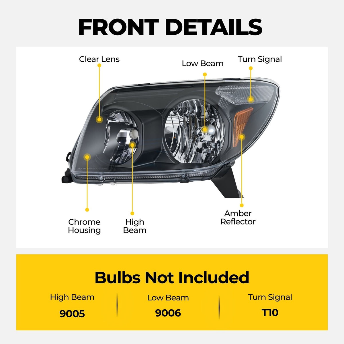 Headlight bulb size diagram for 2003-2005 Toyota 4Runner Black Halogen headlights