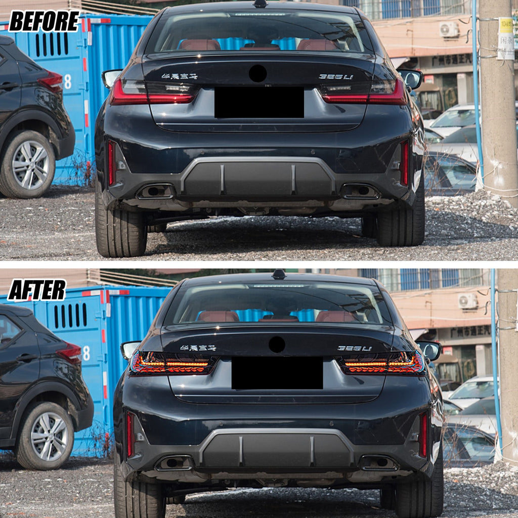 Before and after: factory vs LED tail lights on a 2019-2025 BMW 3 Series G20 / M3 G80