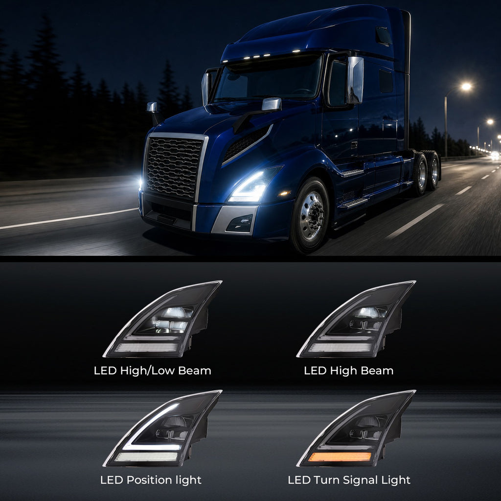 Black Full LED headlight features and specifications for 2018-2024 Volvo VNL VNR
