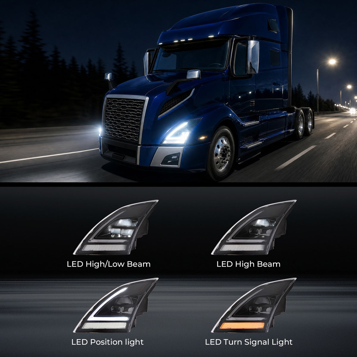 Black Full LED headlight features and specifications for 2018-2024 Volvo VNL VNR