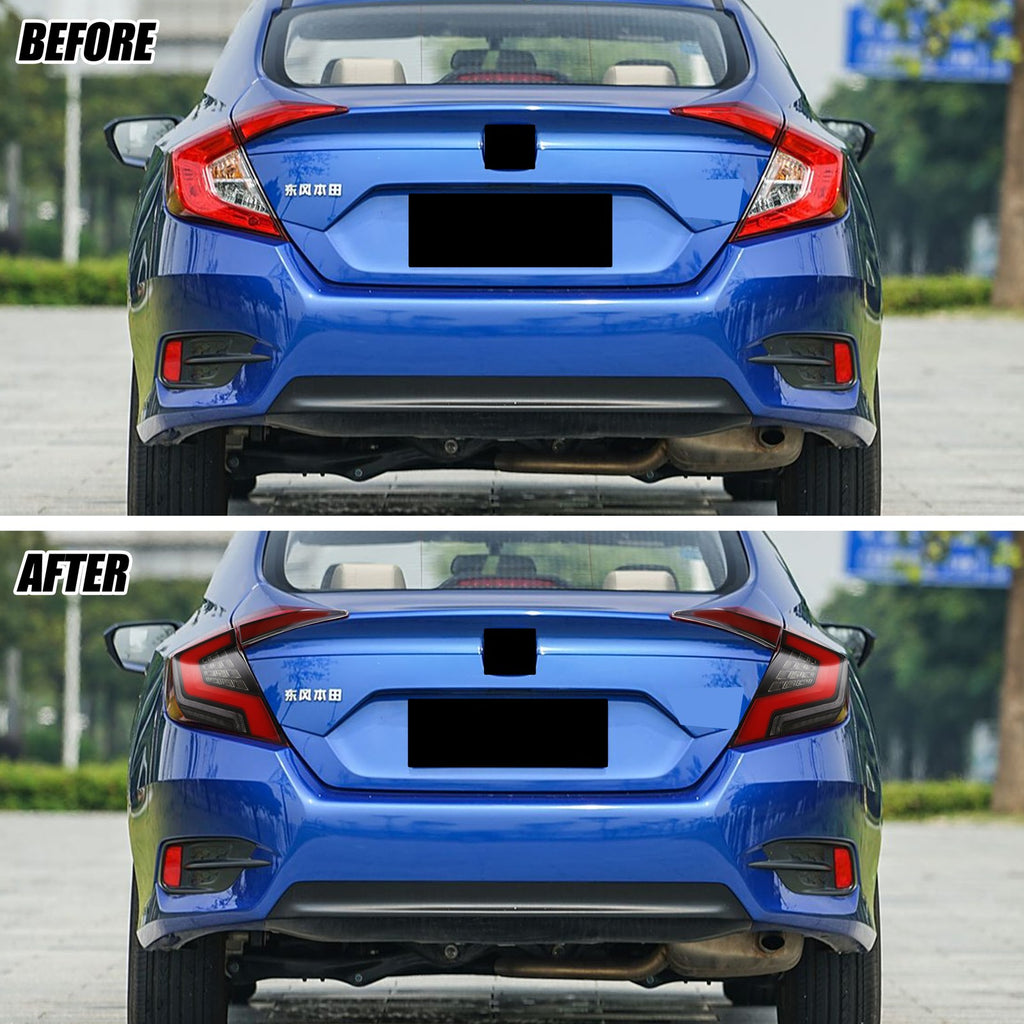 Before and after: factory vs black LED tail lights on a 2016-2021 Honda Civic