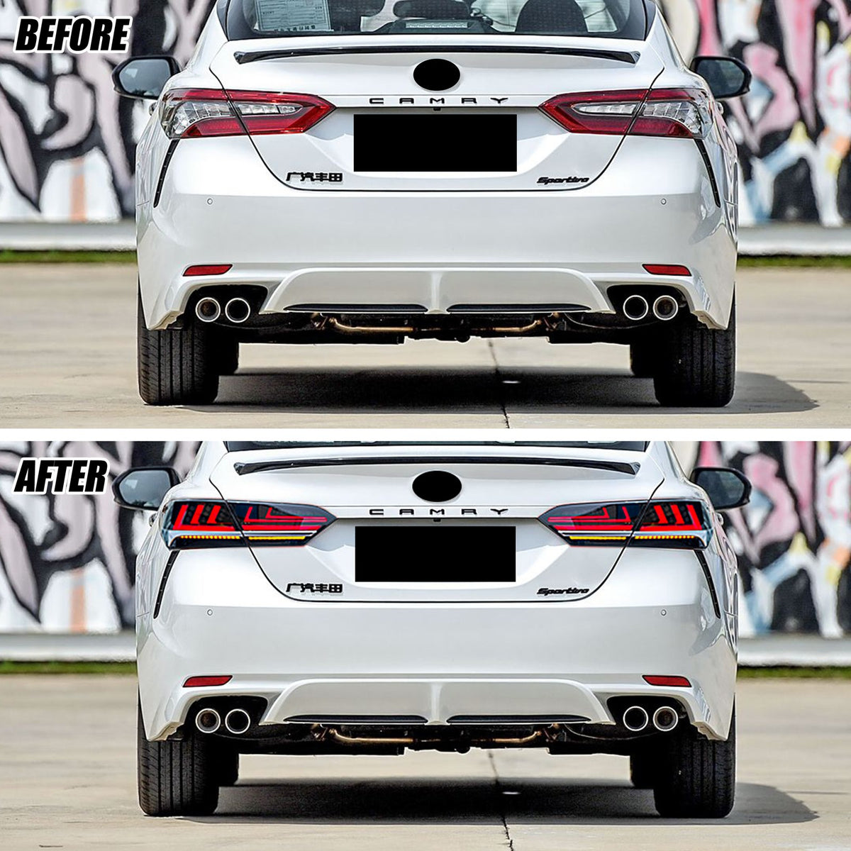 Before and after: factory vs black LED tail lights on a 2018-2023 Toyota Camry