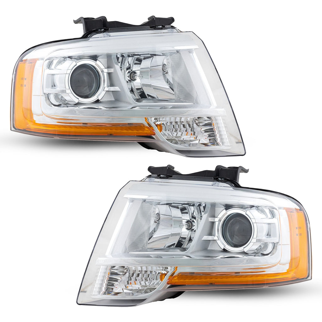 Chrome Halogen Projector Headlights Pair w/ Bulbs for Ford Expedition (2015-2017)