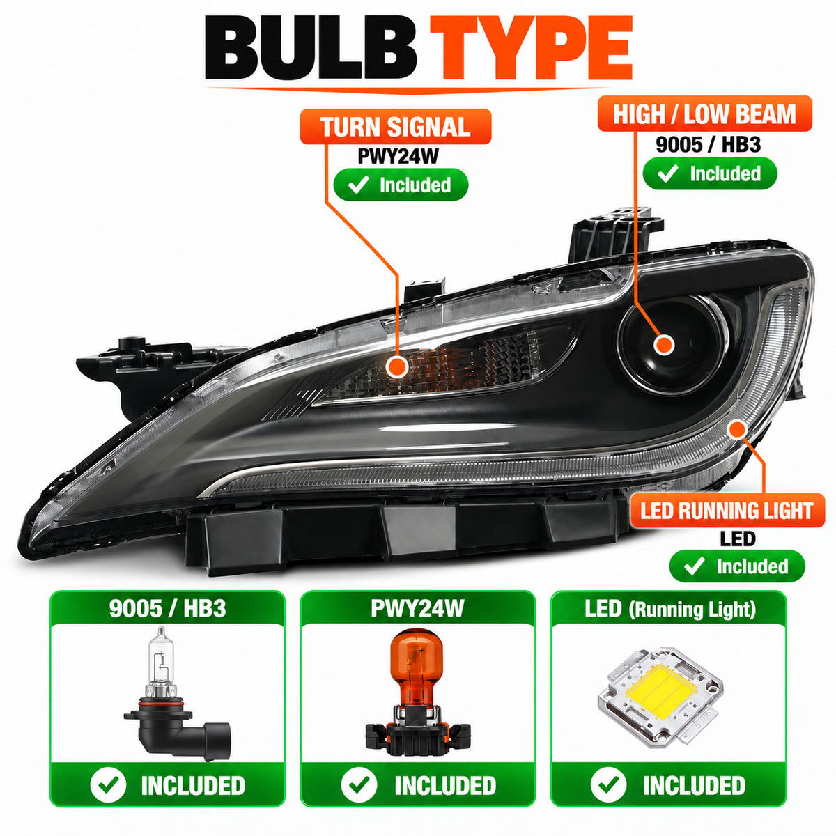 Left halogen headlight side angle for 2015-2017 Chrysler 200