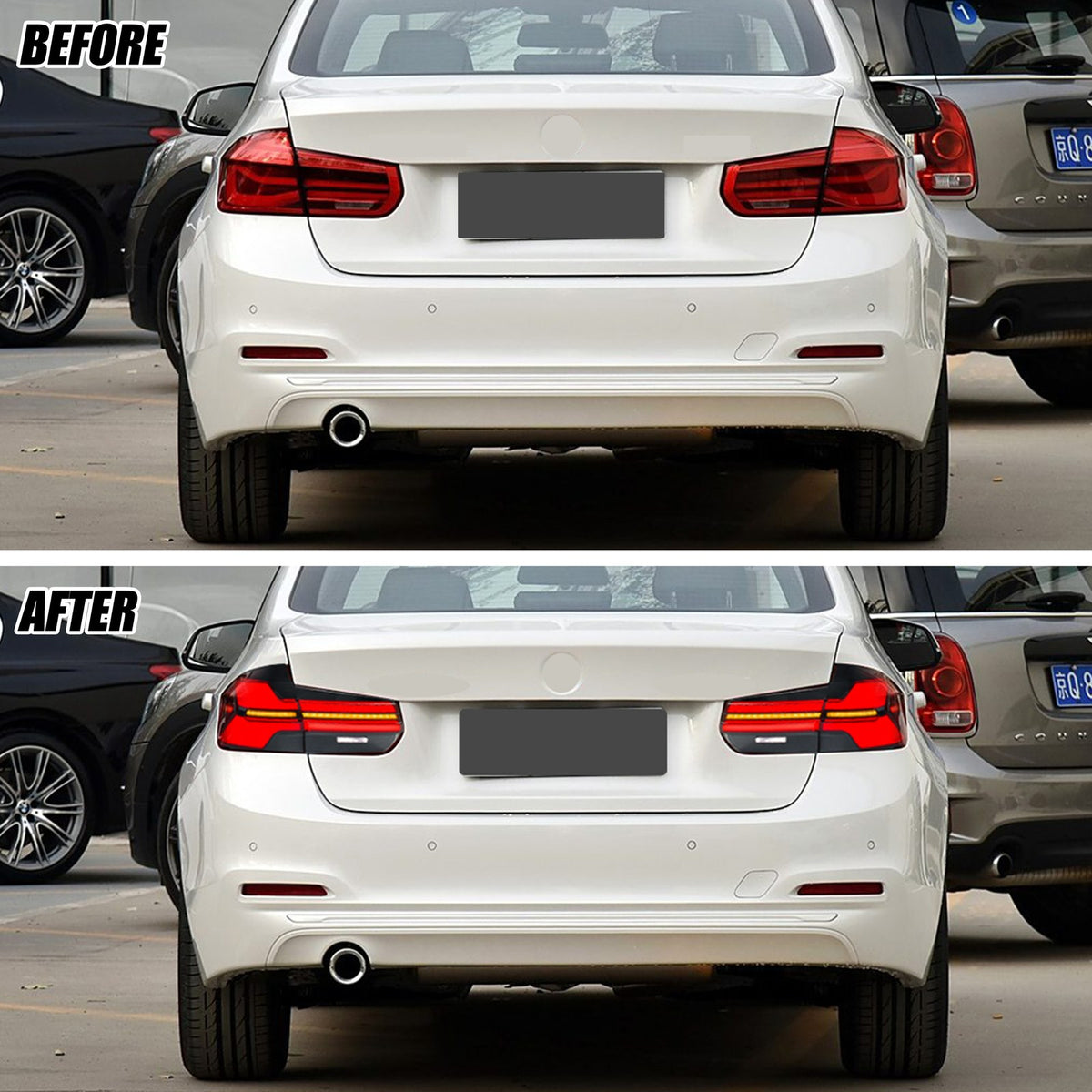 Before and after: factory vs LED tail lights on a 2013-2018 BMW 3 Series F30 / M3 F80