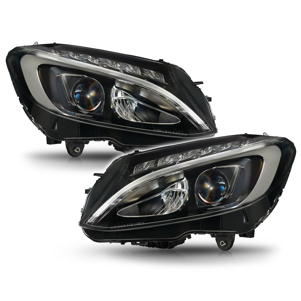 Black Full LED Projector Headlights Pair Halogen-to-LED Upgrade for Mercedes-Benz C300 W205 (2015-2018)