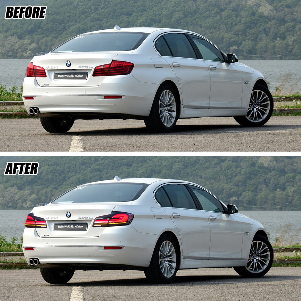 Before and after: factory vs LED tail lights on a 2011-2016 BMW 5 Series F10 / M5