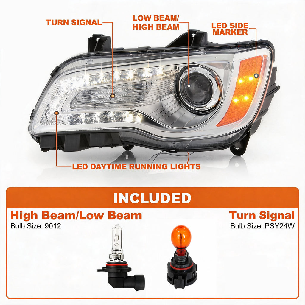 Pair halogen projector headlight front angle for 2011-2014 Chrysler 300