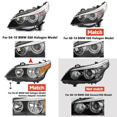 Black Halogen Angel Eye headlight features and specifications for 2004-2010 BMW 5 Series E60 E61