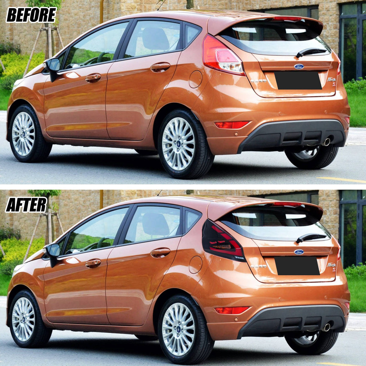 Before and after: factory vs LED tail lights on a 2011-2019 Ford Fiesta Hatchback