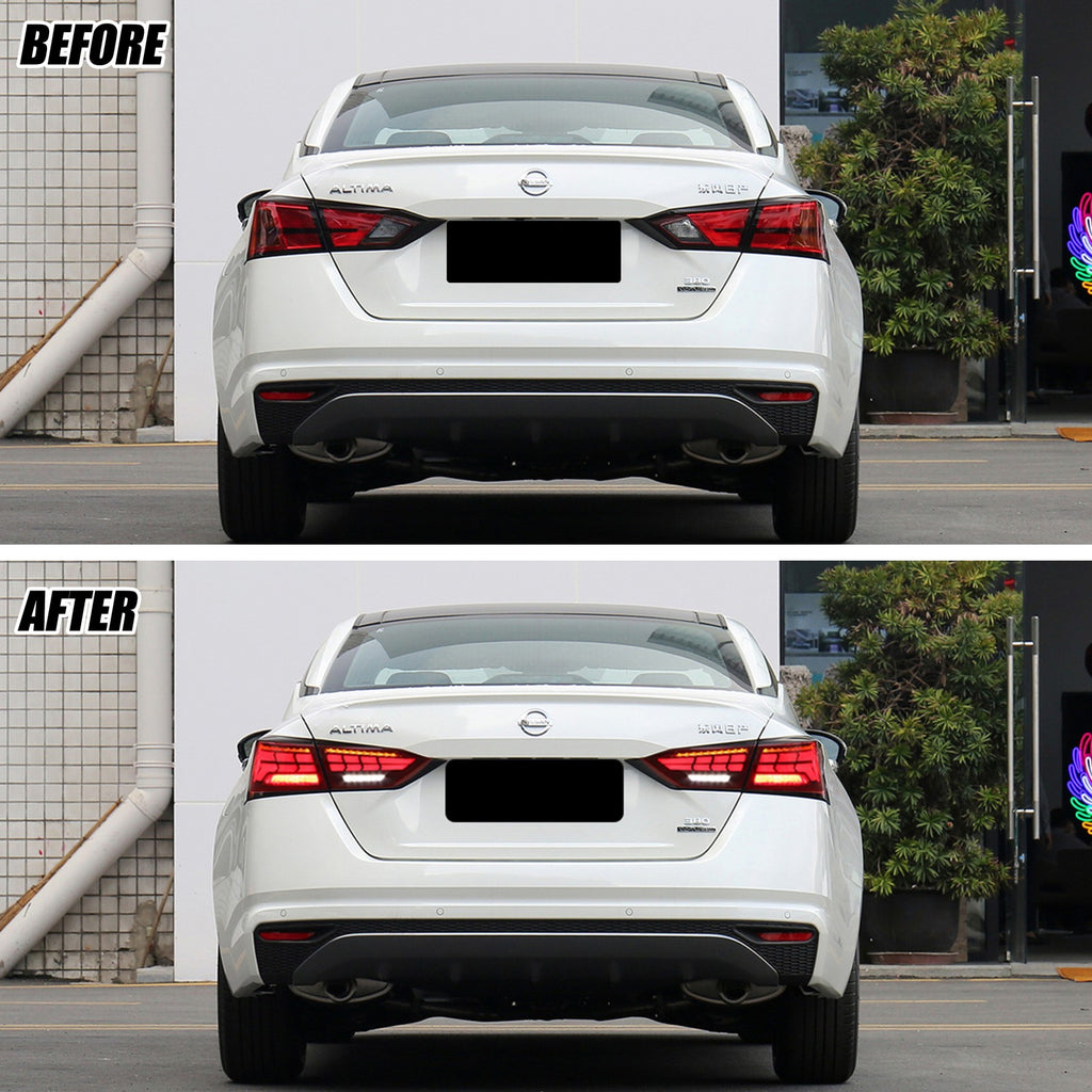 Before and after: factory vs black LED tail lights on a 2019-2025 Nissan Altima