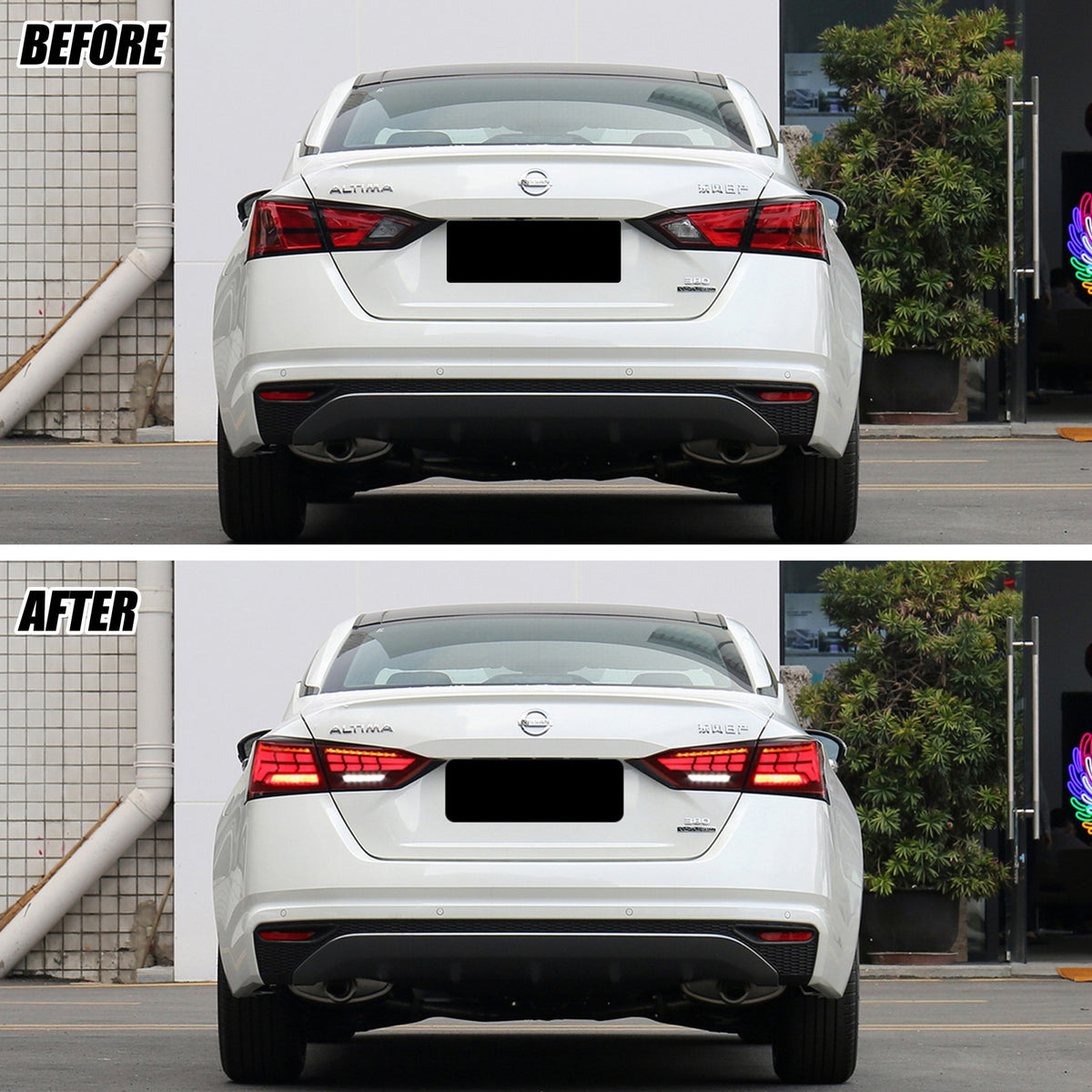 Before and after: factory vs black LED tail lights on a 2019-2025 Nissan Altima
