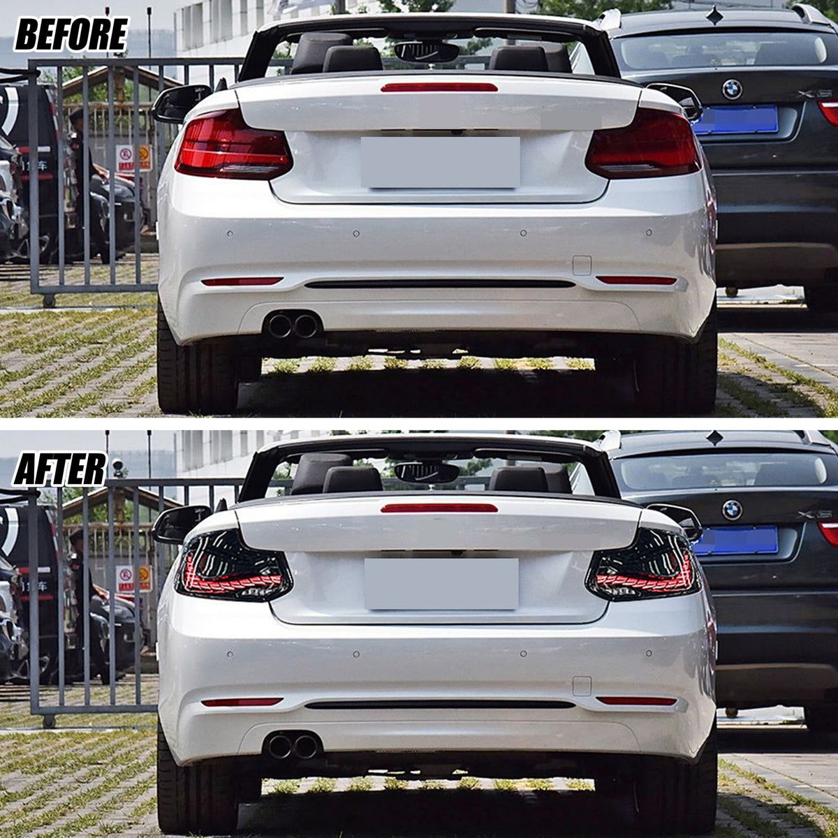 Before and after: factory vs LED tail lights on a 2014-2020 BMW 2 Series F22 / F23 / M2 F87