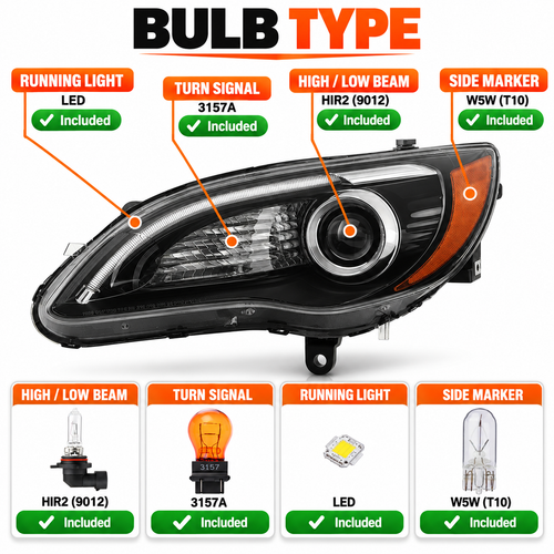 Bulb size diagram for 2012-2014 Chrysler 200 headlights