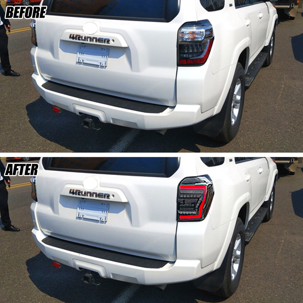 Before and after: factory vs black LED tail lights on a 2010-2024 Toyota 4Runner