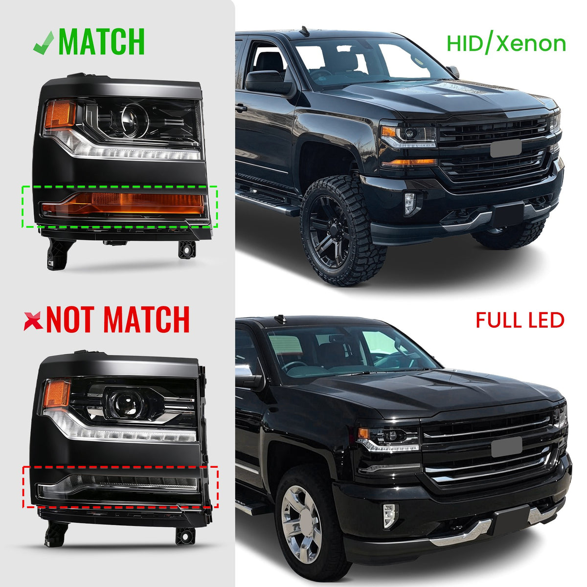 Right HID headlight side angle for 2016-2018 Chevy Silverado 1500