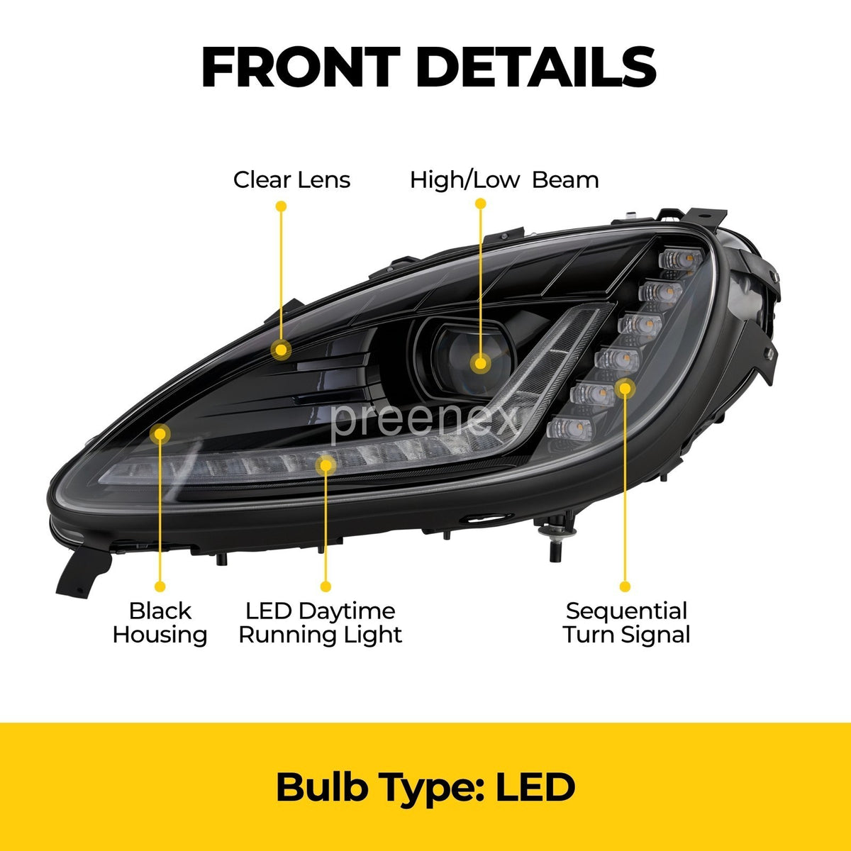 Headlight bulb size diagram for 2005-2013 Chevrolet Corvette C6 C7 Style LED Projector headlights