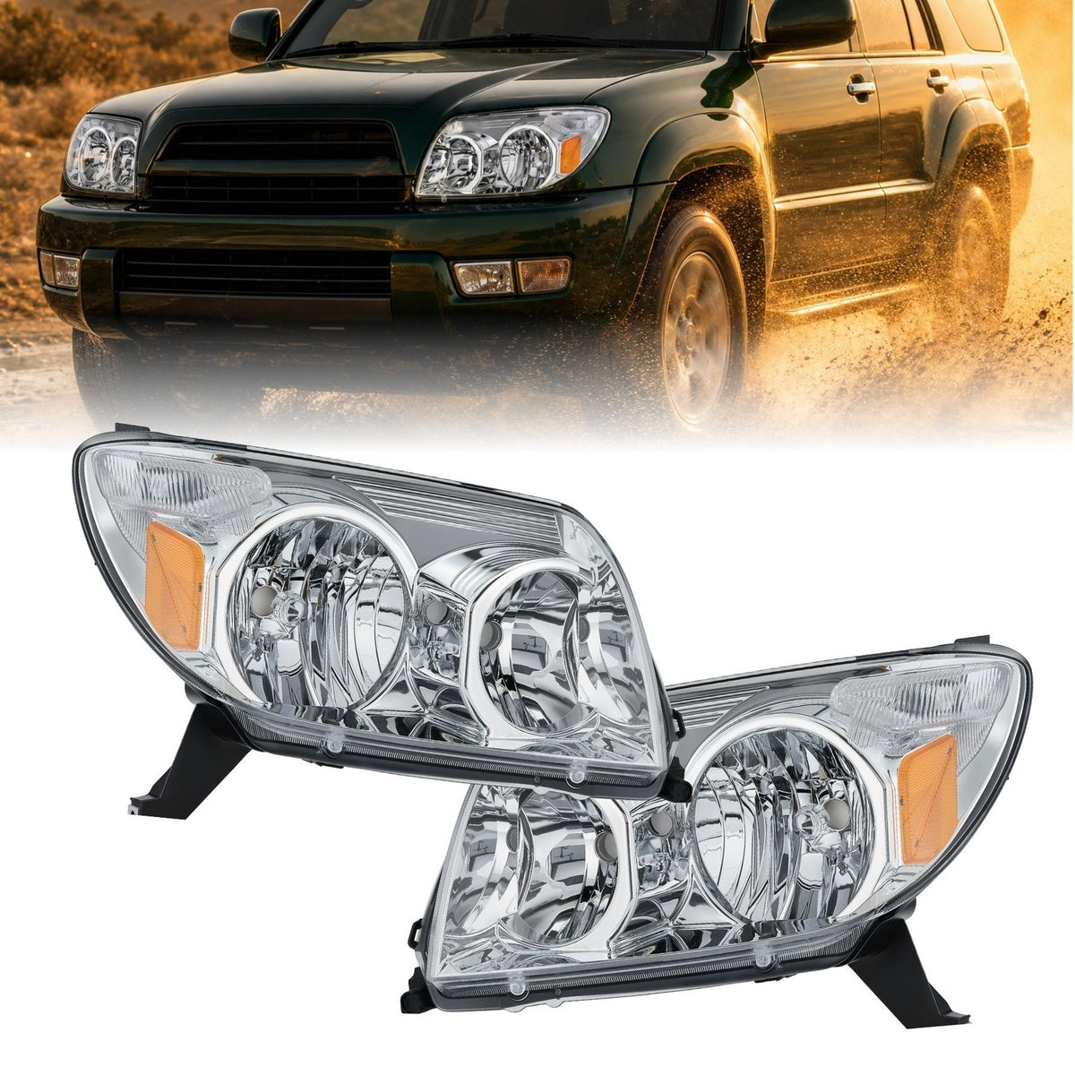 Chrome Halogen headlights pair front view for 2003-2005 Toyota 4Runner