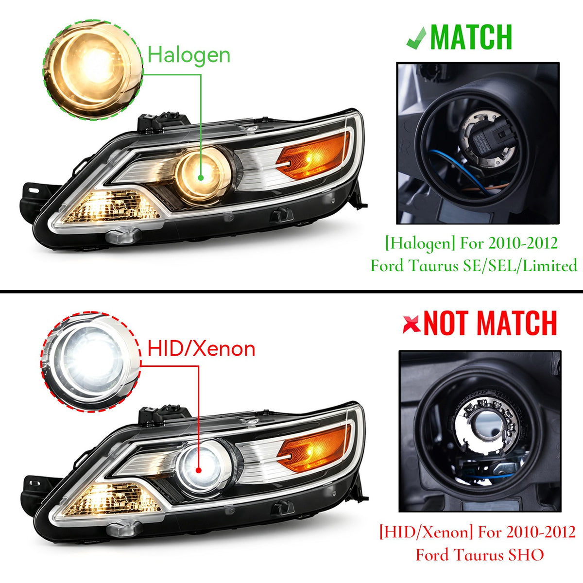 Left halogen projector headlight side angle for 2010-2012 Ford Taurus