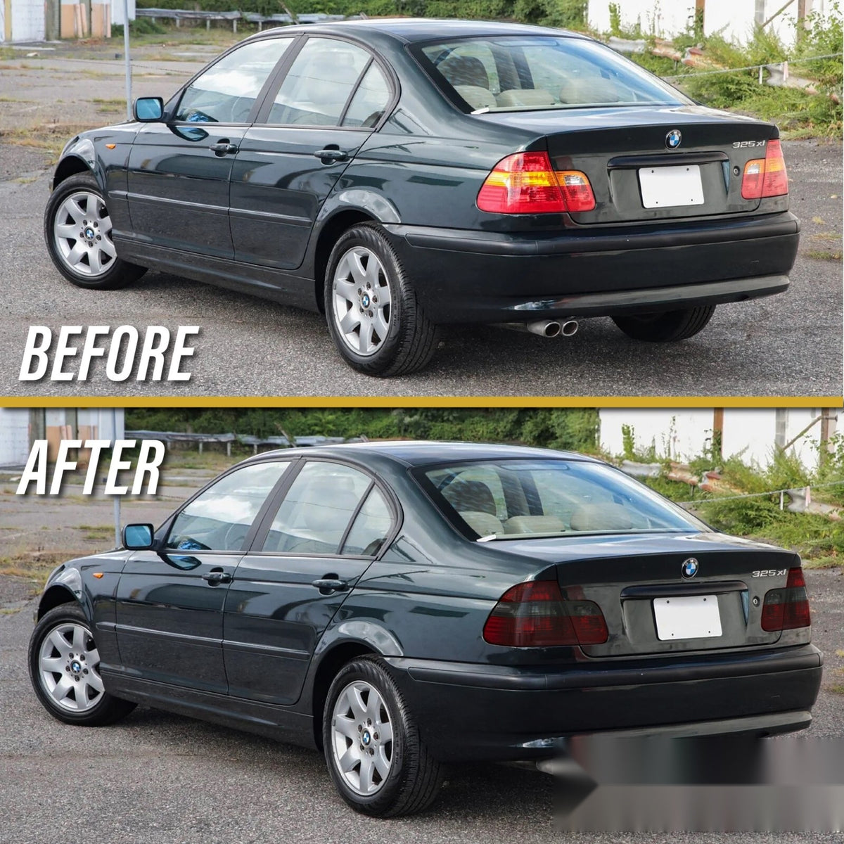 Before and after: factory amber tail lights vs Euro red/smoke tail lights on a 2002-2005 BMW E46 sedan