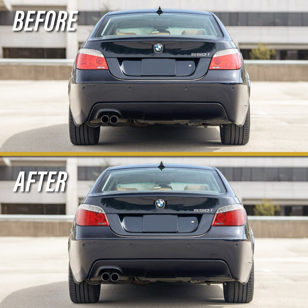 Before and after: factory tail lights vs facelift style LED tail lights on a BMW E60 sedan