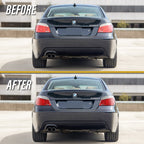Before and after: factory tail lights vs facelift style LED tail lights on a BMW E60 sedan
