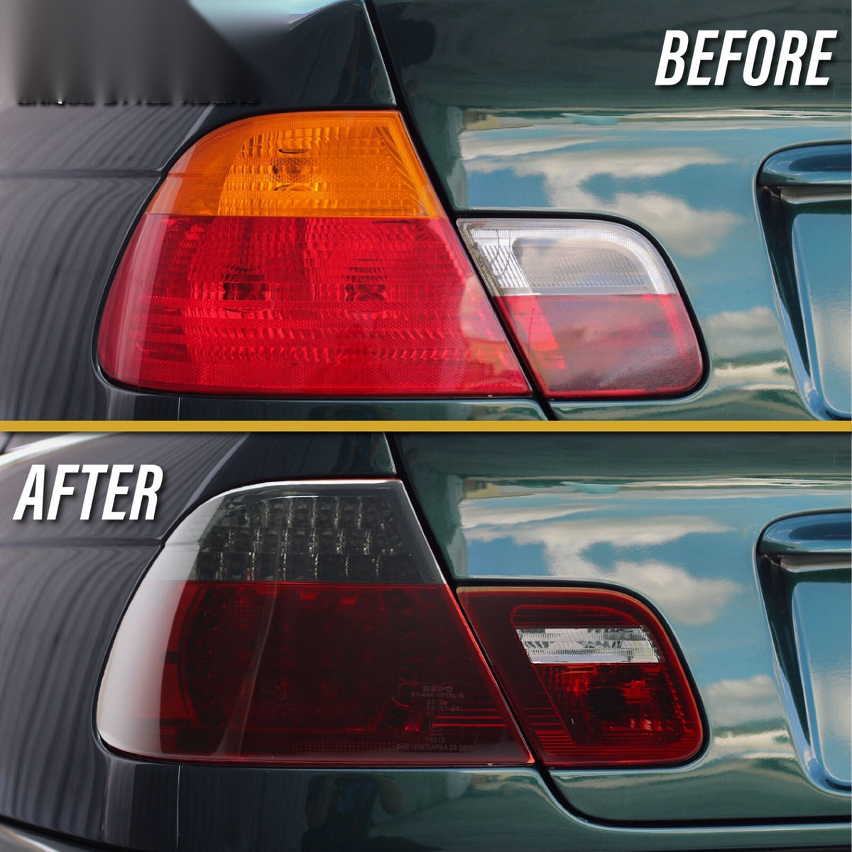 Before and after: factory amber tail lights vs red/smoke LED tail lights on a 2000-2003 BMW E46 coupe