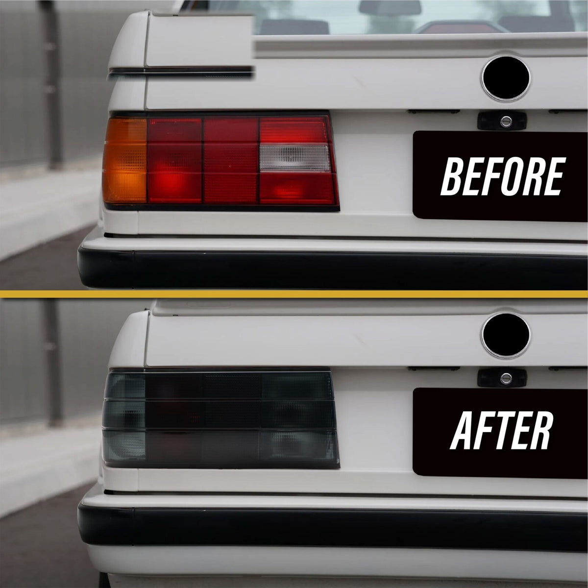 Before and after: factory tail light vs Euro smoke tail light on a BMW E30
