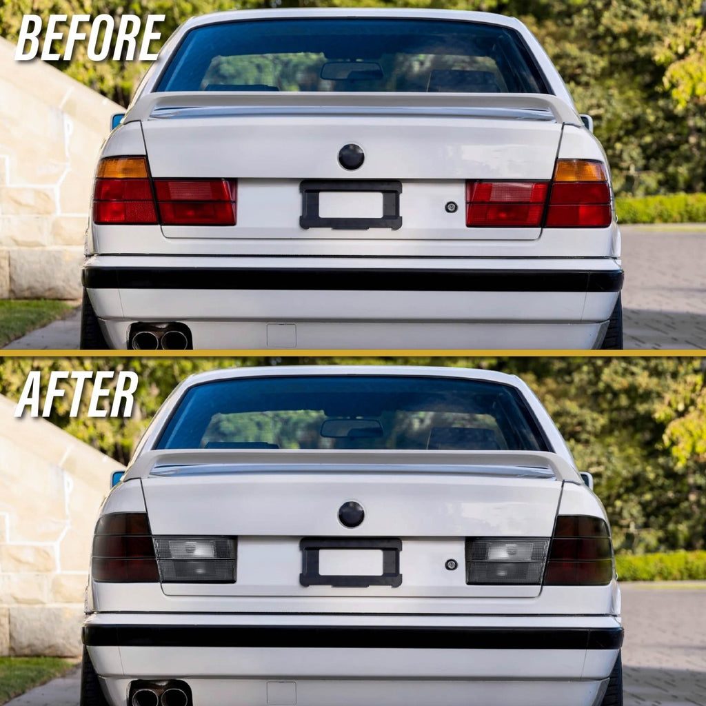 Before and after: factory red/amber vs Euro smoke tail lights on a BMW E34
