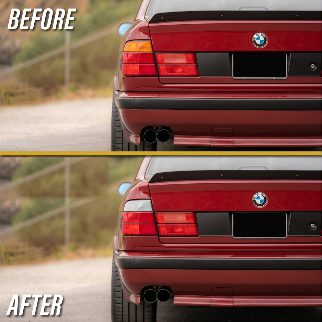 Before and after: factory red/amber tail lights vs Euro style red/clear tail lights on a BMW E34 sedan