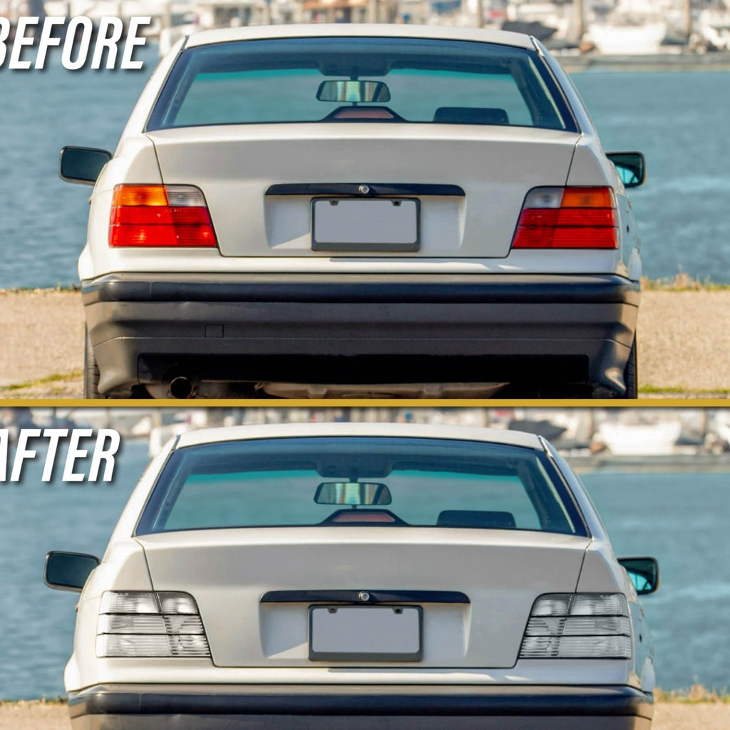 Before and after: factory vs all clear tail lights on a BMW E36 sedan