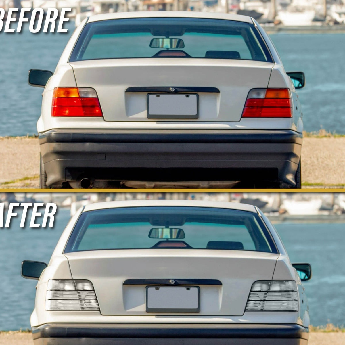 Before and after: factory vs all clear tail lights on a BMW E36 sedan