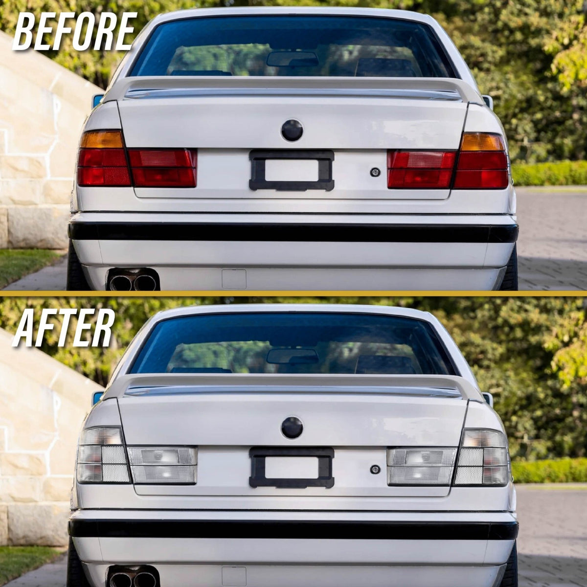 Before and after: factory red/amber vs all clear tail lights on a BMW E34