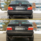 Before and after: factory red/amber tail lights vs Euro style red/clear tail lights on a BMW E36 M3 sedan