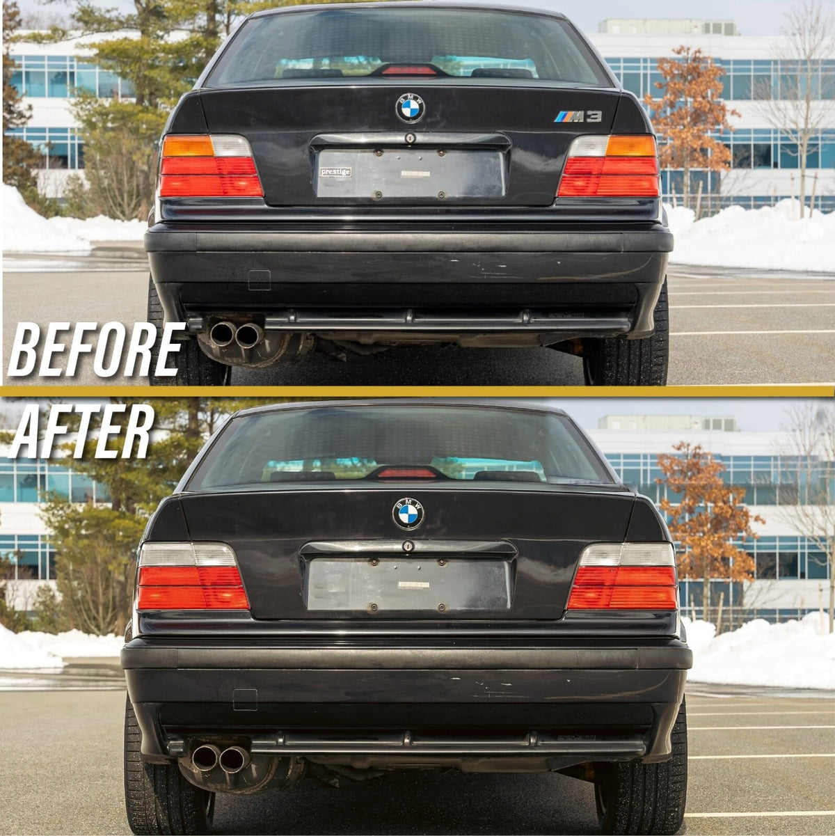 Before and after: factory red/amber tail lights vs Euro style red/clear tail lights on a BMW E36 M3 sedan