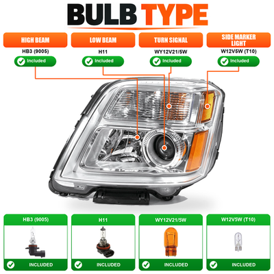 Headlight bulb size diagram for 2010-2015 GMC Terrain SL SLE SLT Chrome Halogen Projector headlights (image 2)