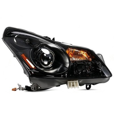 Driver side Black HID Projector headlight close-up for 2007-2008 Infiniti G35 Sedan