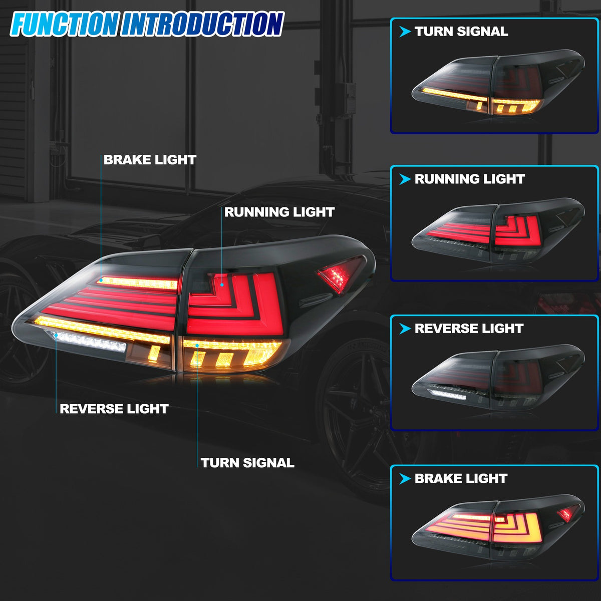 Running, brake, turn and reverse functions of the 2010-2015 Lexus RX350 / RX450h LED tail light
