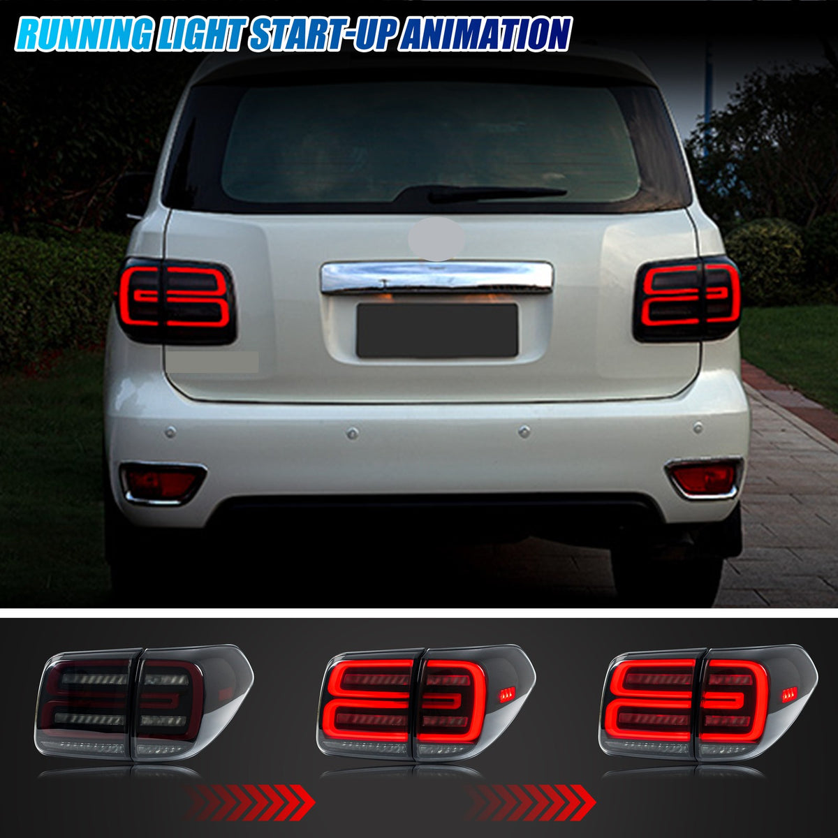 Running light start-up animation on the 2017-2020 Nissan Armada LED tail lights