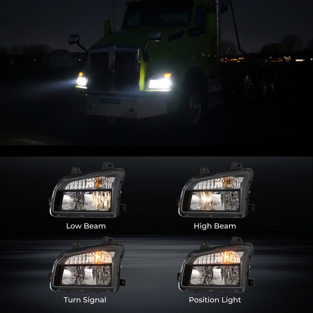 Black Halogen headlight features and specifications for 2014-2023 Kenworth T880