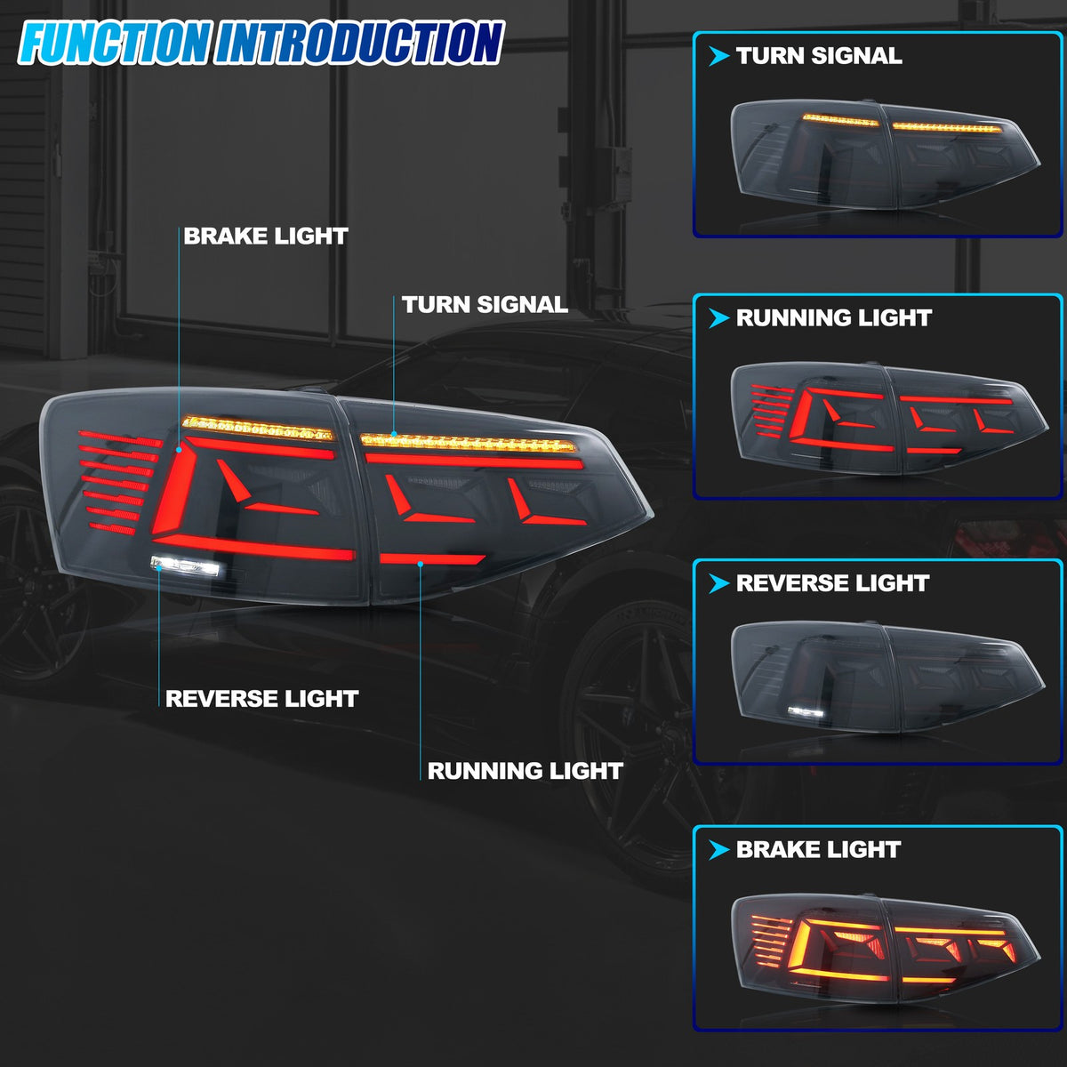 Running, brake, turn and reverse functions of the 2015-2018 VW Jetta Sedan LED tail light