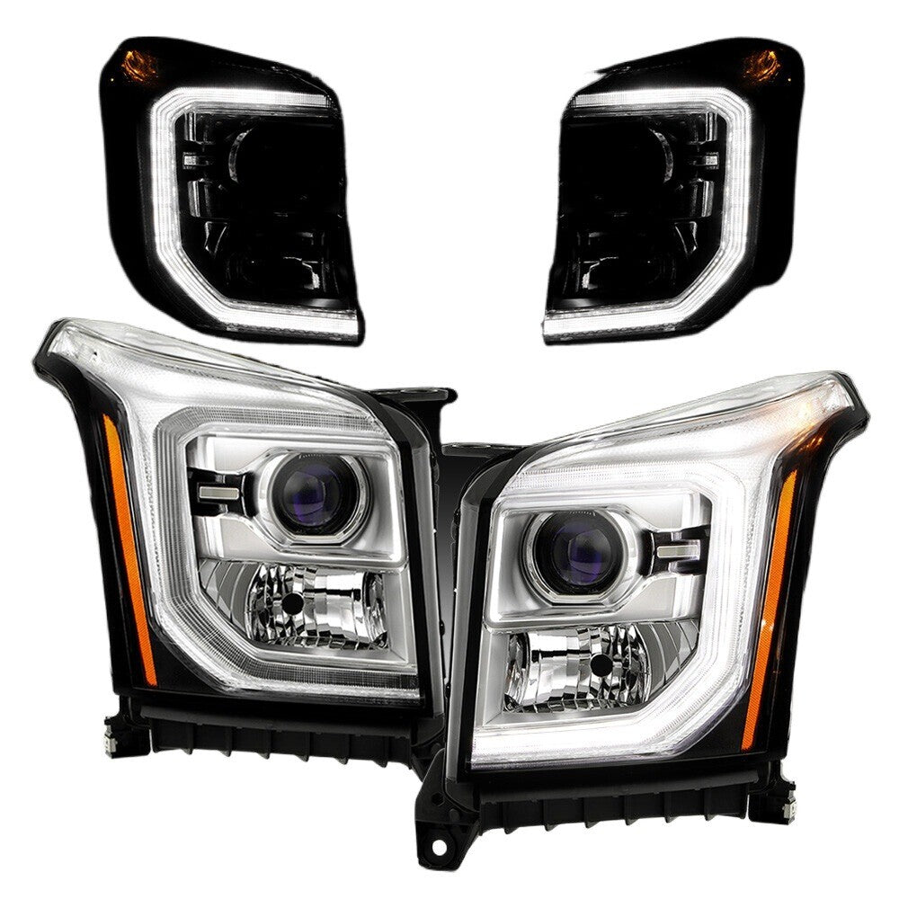 Chrome Halogen Projector Headlights Pair w/ LED DRL & Bulbs for GMC Yukon / Yukon XL SLE SLT (2015-2017)