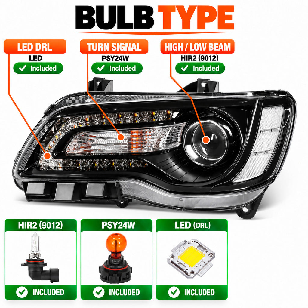 Bulb type diagram for 2015-2023 Chrysler 300 headlights