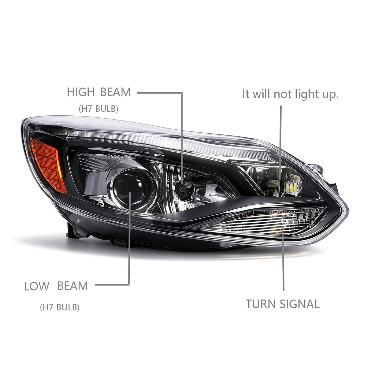 Left halogen projector headlight side angle for 2012-2014 Ford Focus
