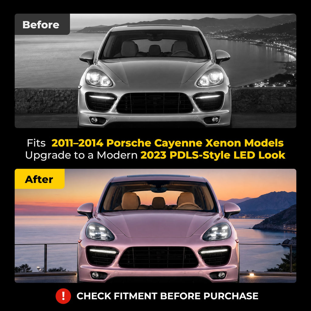 Fitment chart for 2023 Style Full LED headlights, 2011-2014 Porsche Cayenne 958