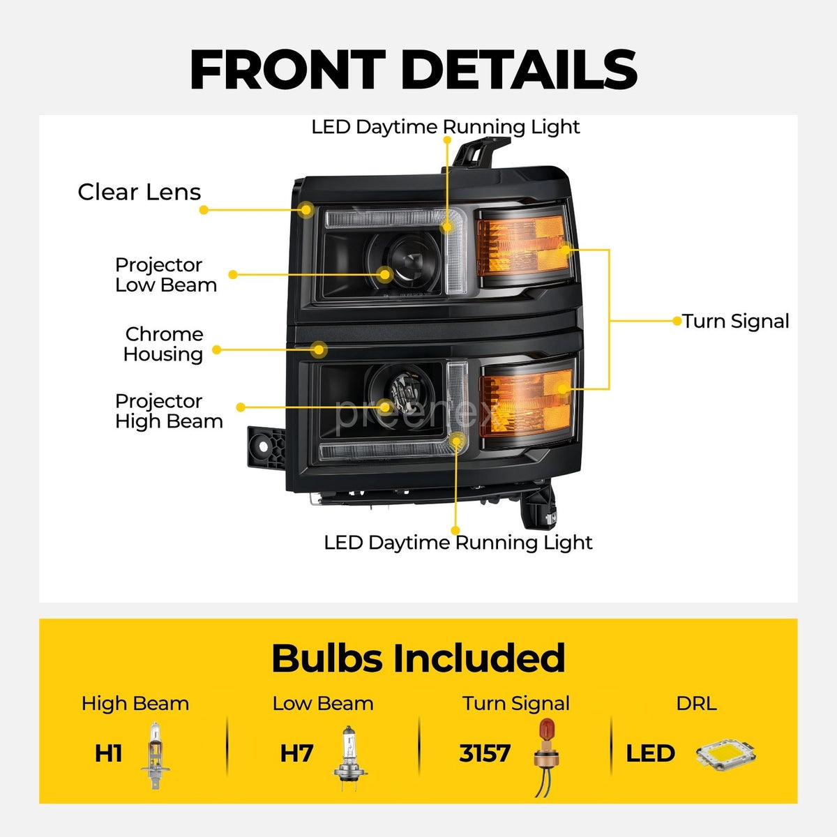 Headlight bulb size diagram for 2014-2015 Chevrolet Silverado 1500 Black Projector Halogen headlights