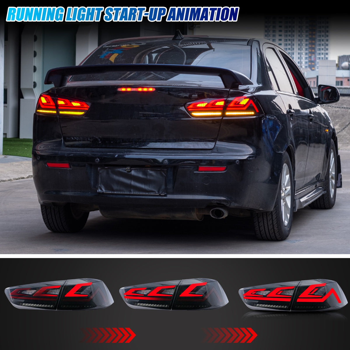 Running light start-up animation on the 2008-2017 Mitsubishi Lancer / Lancer Evolution X LED tail lights