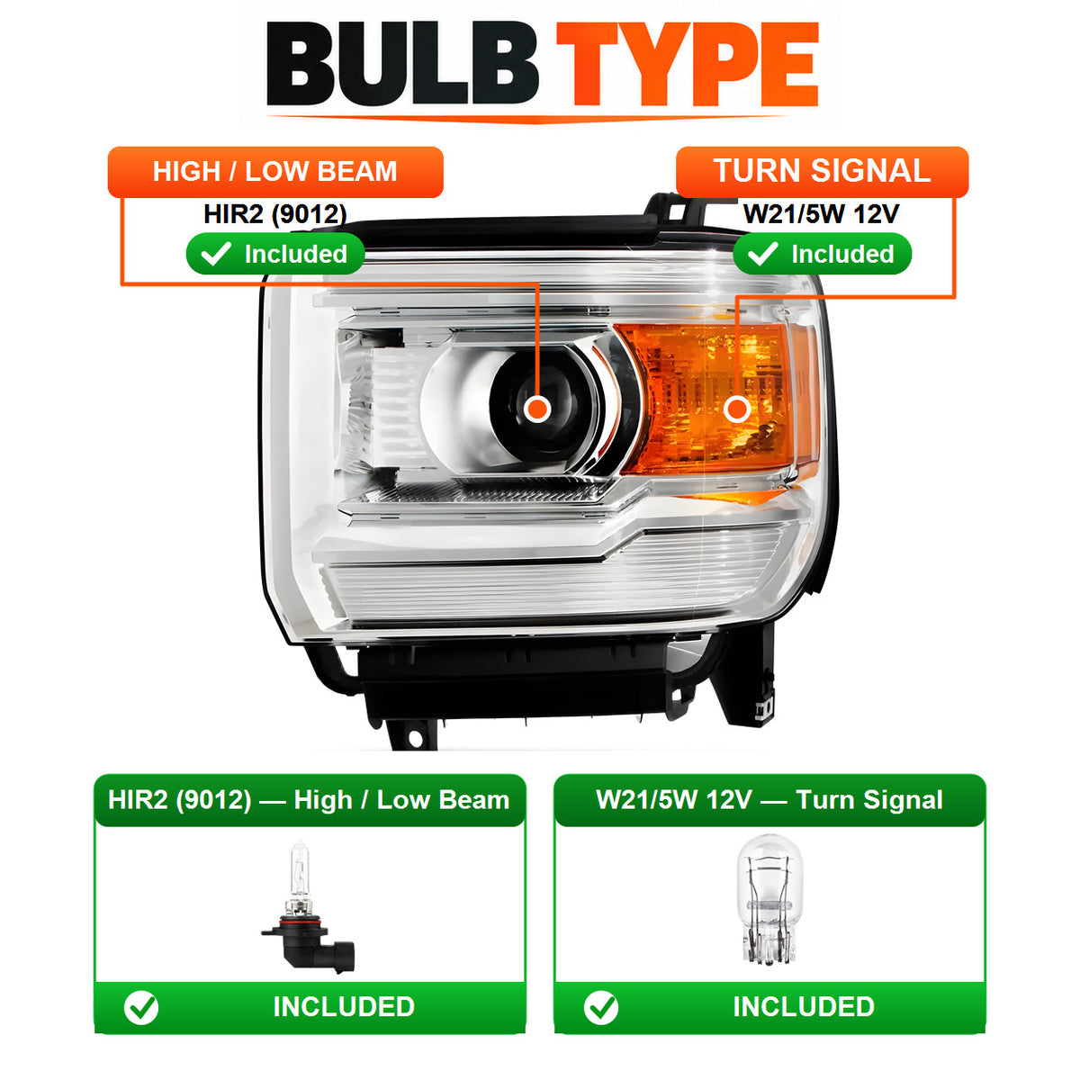 Bulb size diagram for 2014-2015 GMC Sierra 1500 headlights