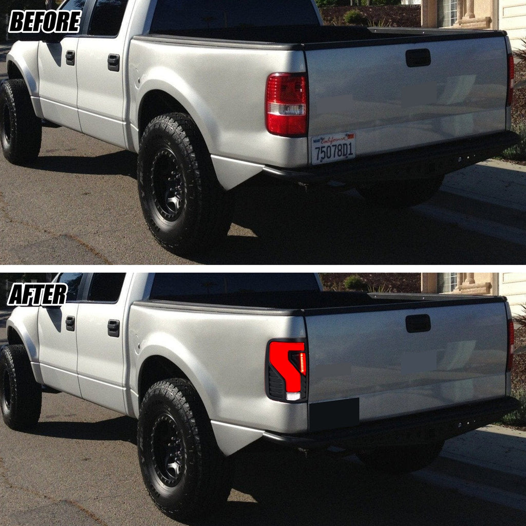 Before and after: factory vs black LED tail lights on a 2004-2008 Ford F-150 Styleside
