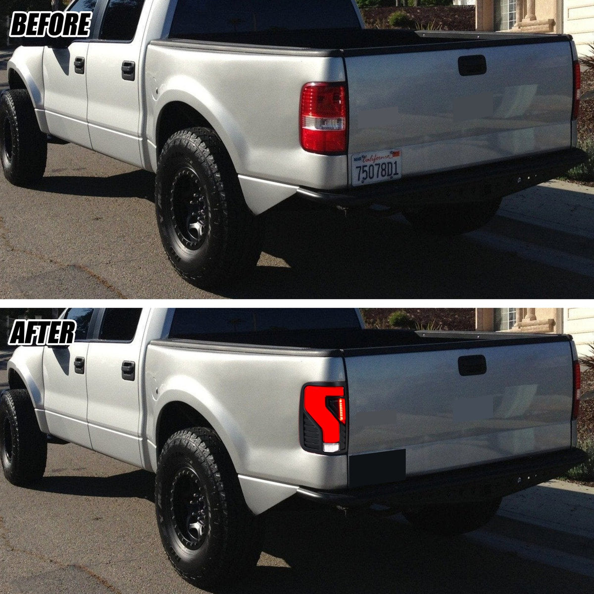 Before and after: factory vs black LED tail lights on a 2004-2008 Ford F-150 Styleside